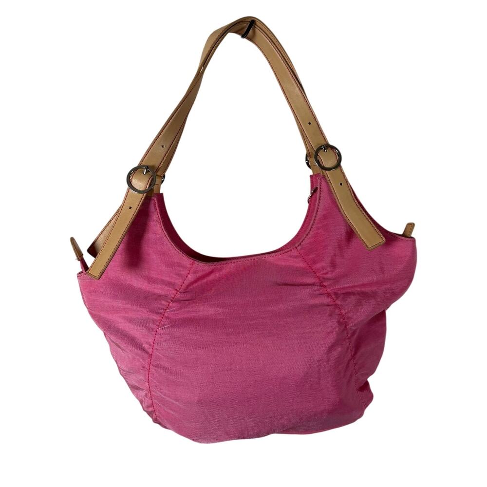 Esprit Pink Nylon Hobo Shoulder Bag Tan Straps Polka Dot Lining Y2K - Picture 7 of 16